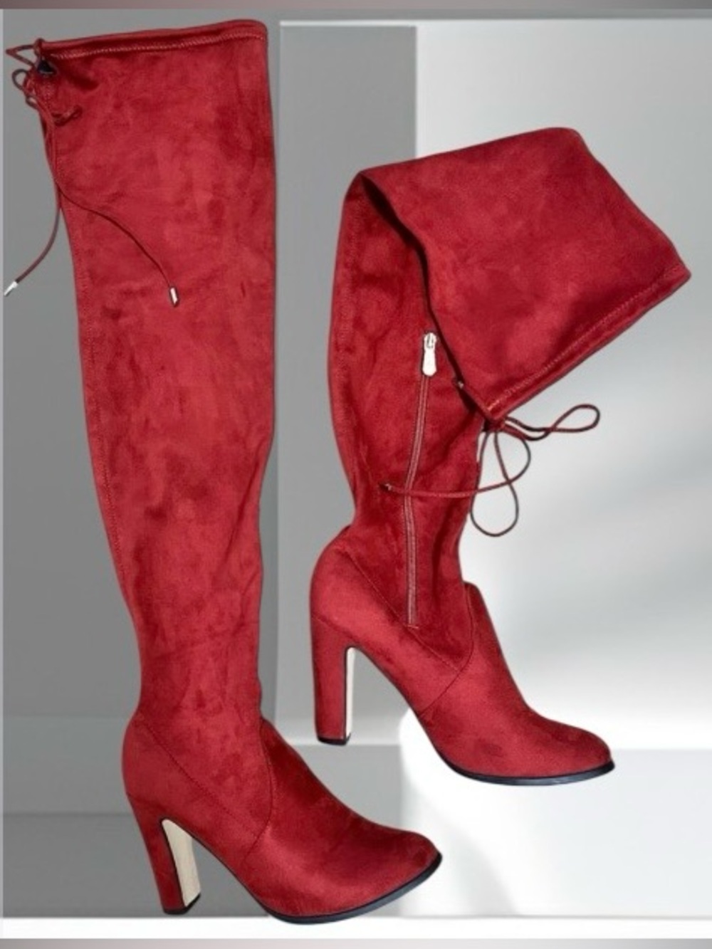 Rusty Burnt Red Vegan Suede Over-the-Knee Thigh High Boots w/Block Heel Size 8
